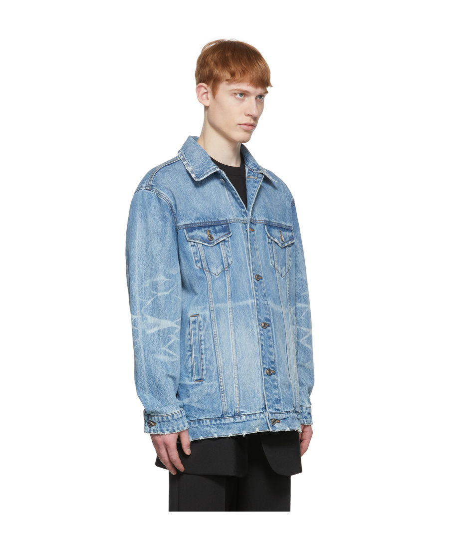 We11 Done Logo Lapel Denim Coat In Blue