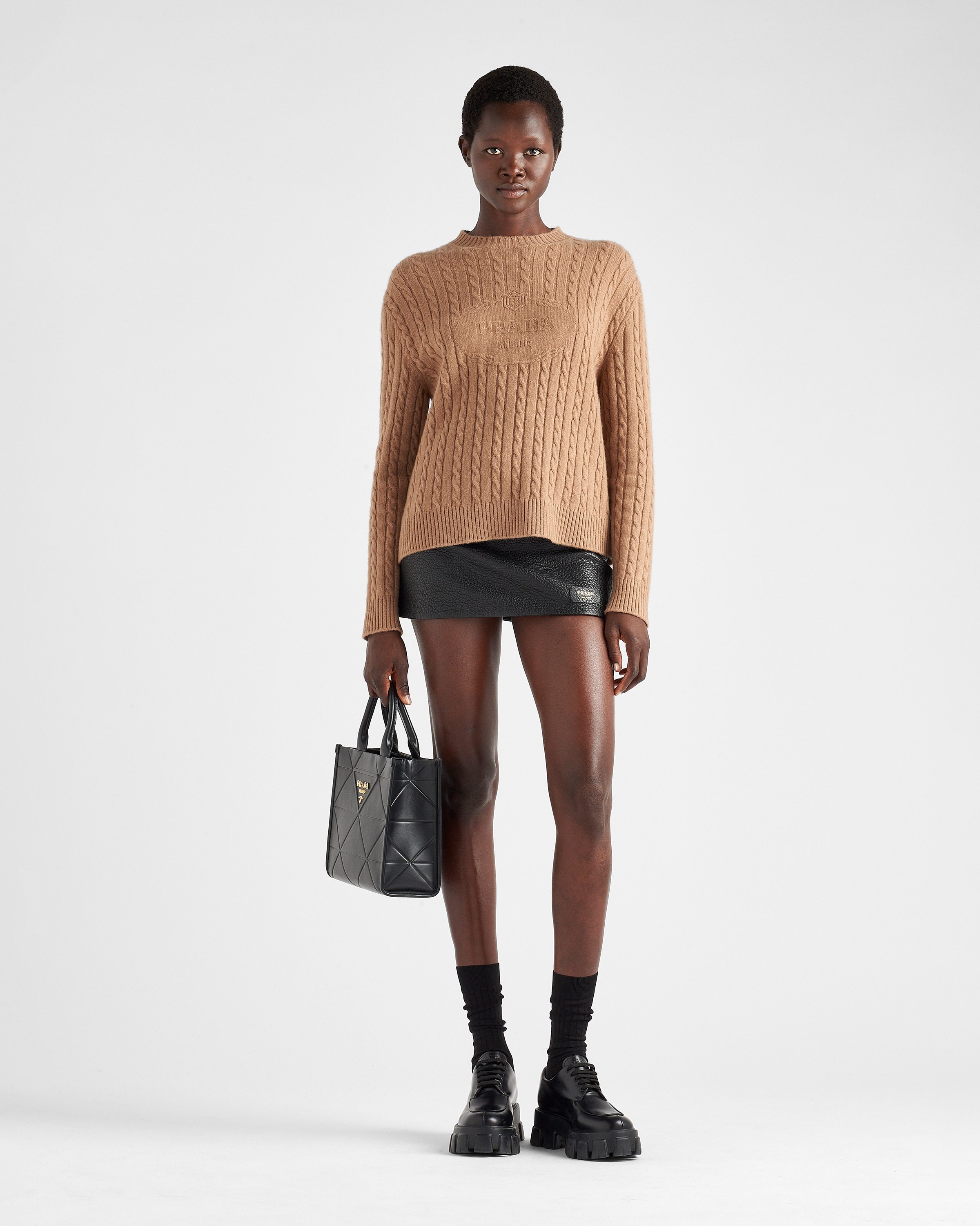 Prada Cashmere Crew-neck Sweater In Camel Brown