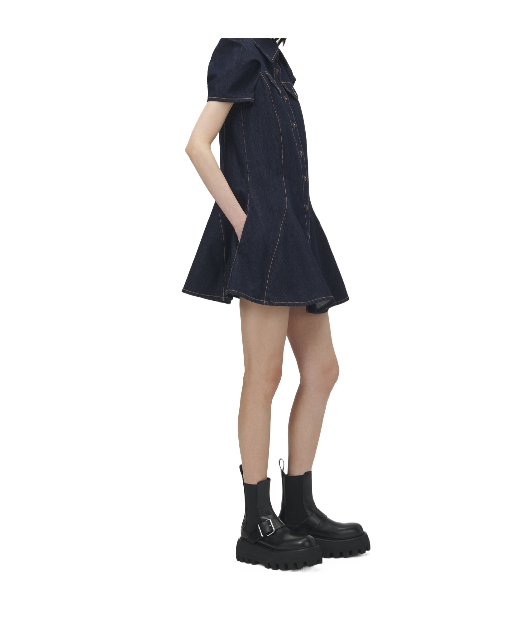 Alexander Mcqueen Puff-sleeve Button-front Denim Dress In Blue