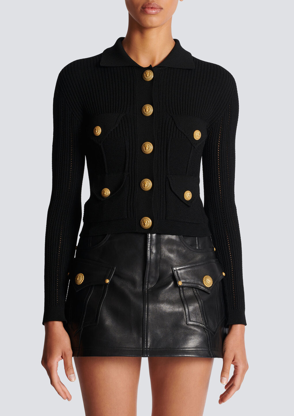 Balmain Button-embellished Ribbed Cardigan In Black