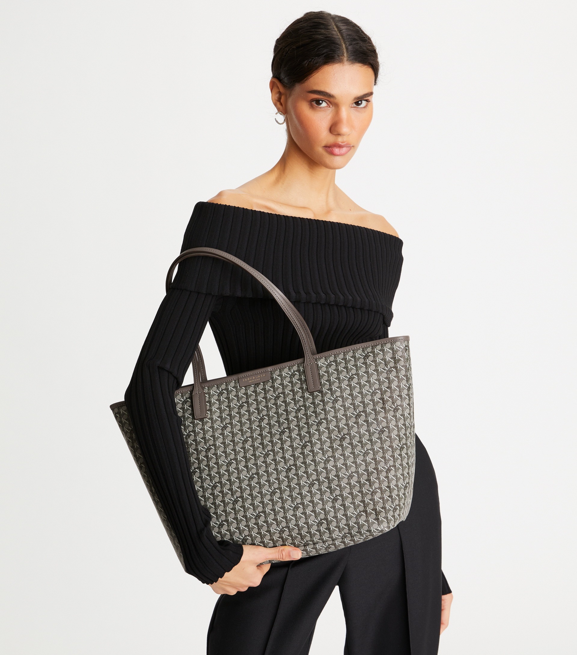 Tory Burch 'ever Ready' Grey Tote Bag With Logo Patch On The Front And All-over Double T Motif In Green