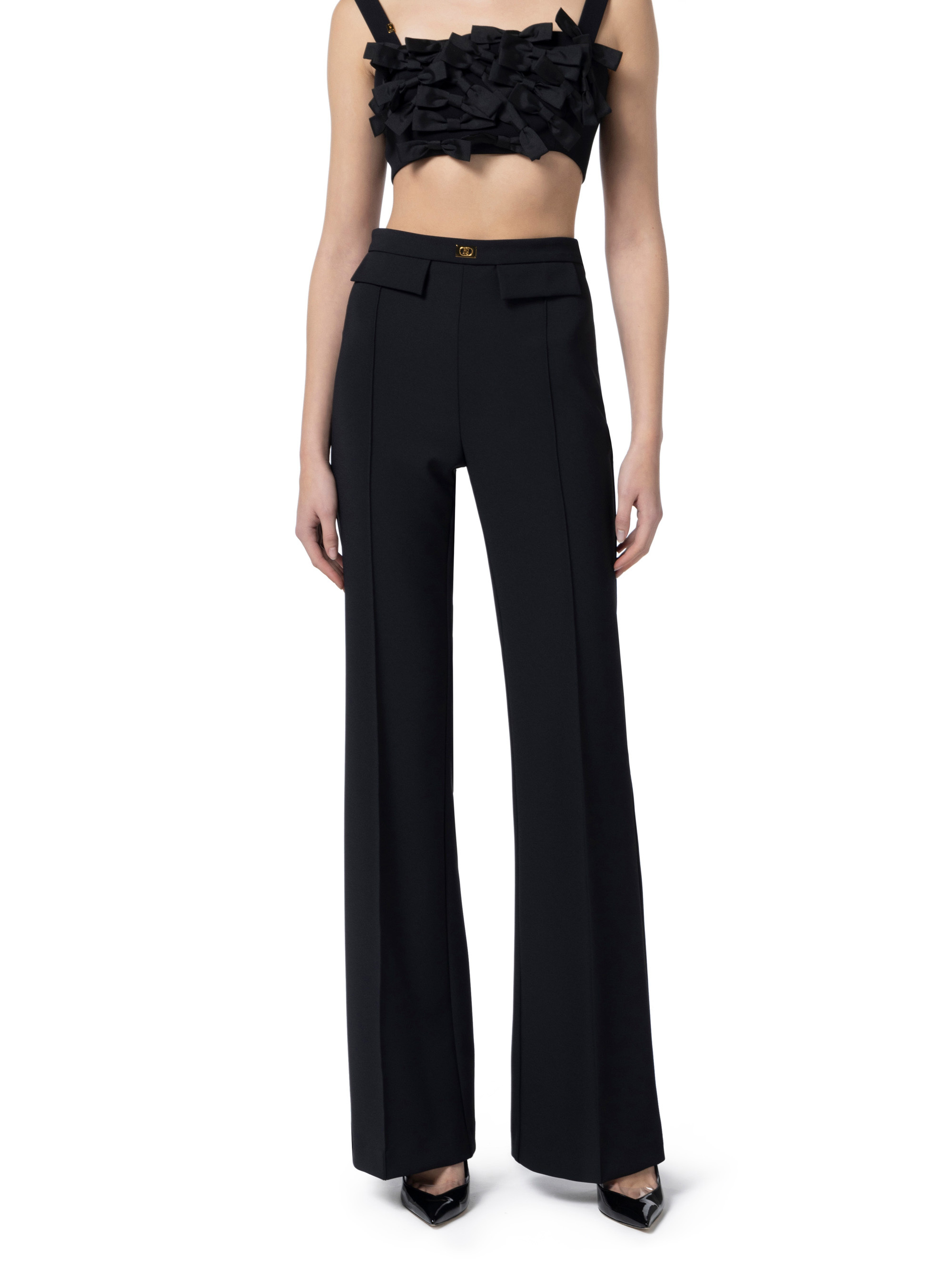 Elisabetta Franchi Crepe-textured Palazzo Pants In Black