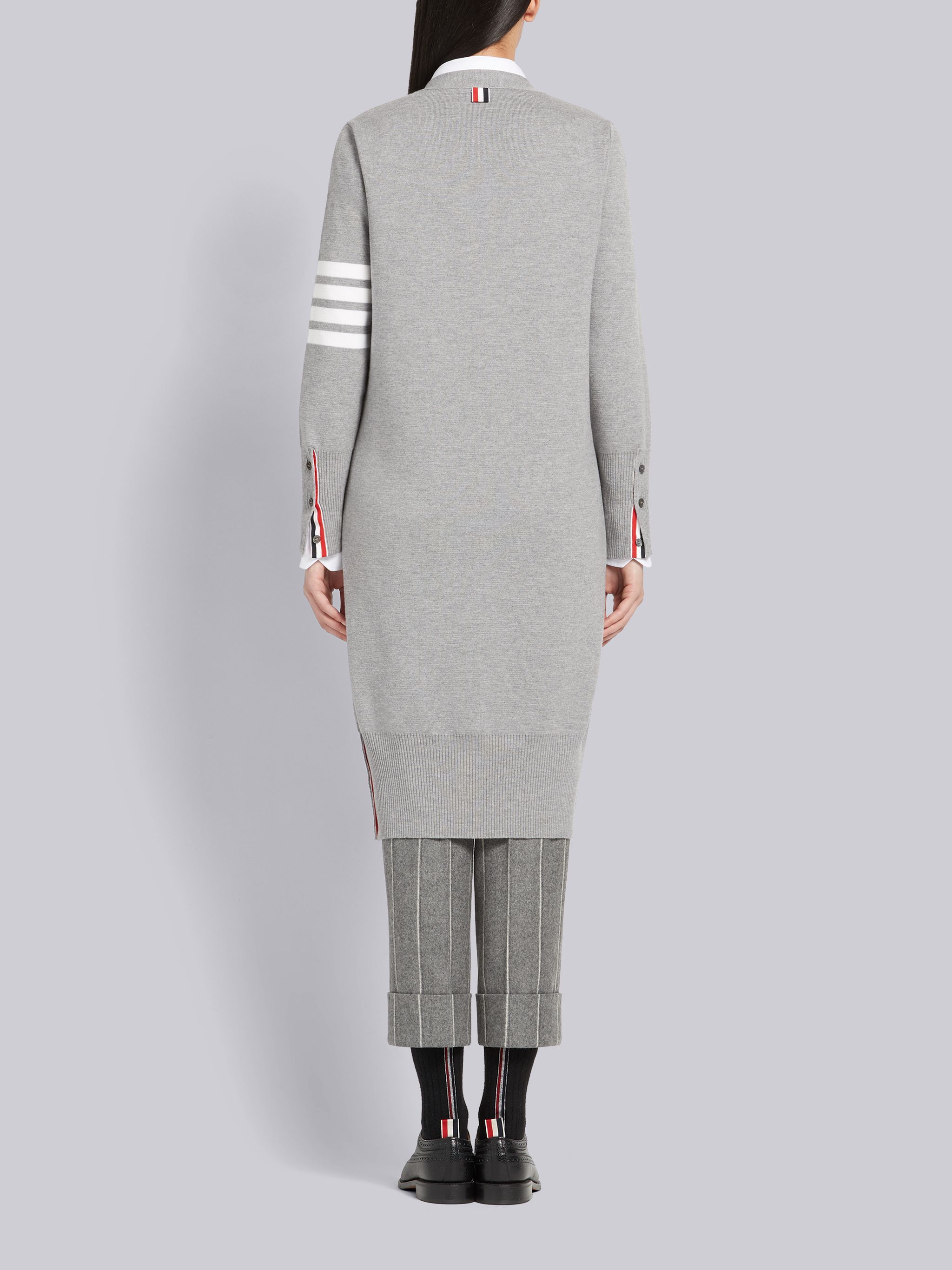 Thom Browne Virgn Wool Cardigan Dress With Sporty Stripe Detail In Gray