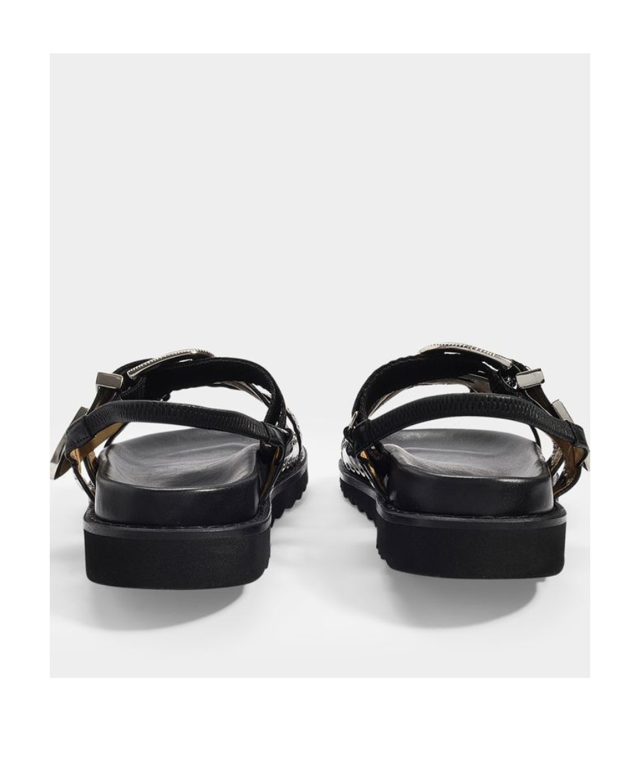 Toga Sandales Plates En Cuir Noir Avec Détails Métallisés In Black