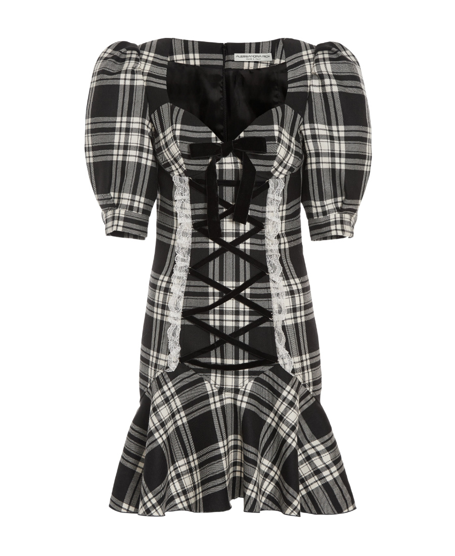 Alessandra Rich Lace-up Checked Wool Minidress In Black