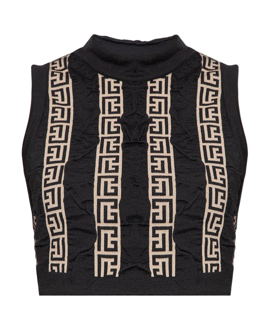 Balmain Monogram Stripe Wool Blend Crop Top In Black