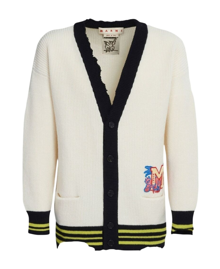 Shop Marni White Cotton And Wool Cardigan With Patch