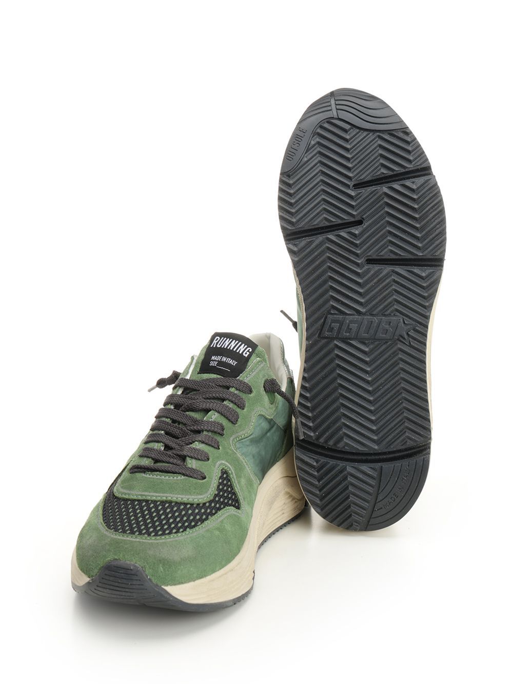Golden Goose Running Sole Nylon And Net Upper Suede Toe And Spur Printed Star Nappa Heel Sneakers Green In Green