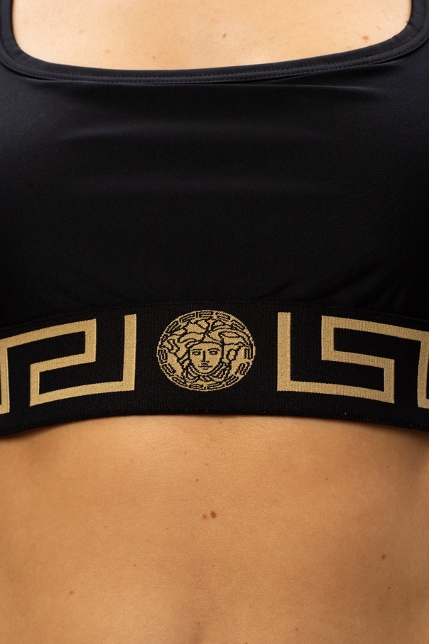 Shop Versace Greek Key Logo Sports Bra In Black