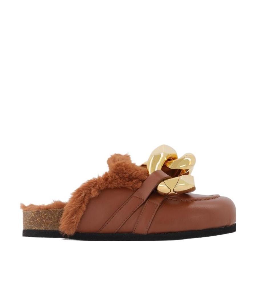 Jw Anderson Flat Chain Faux Fur Lining Leather Sandals In Brown