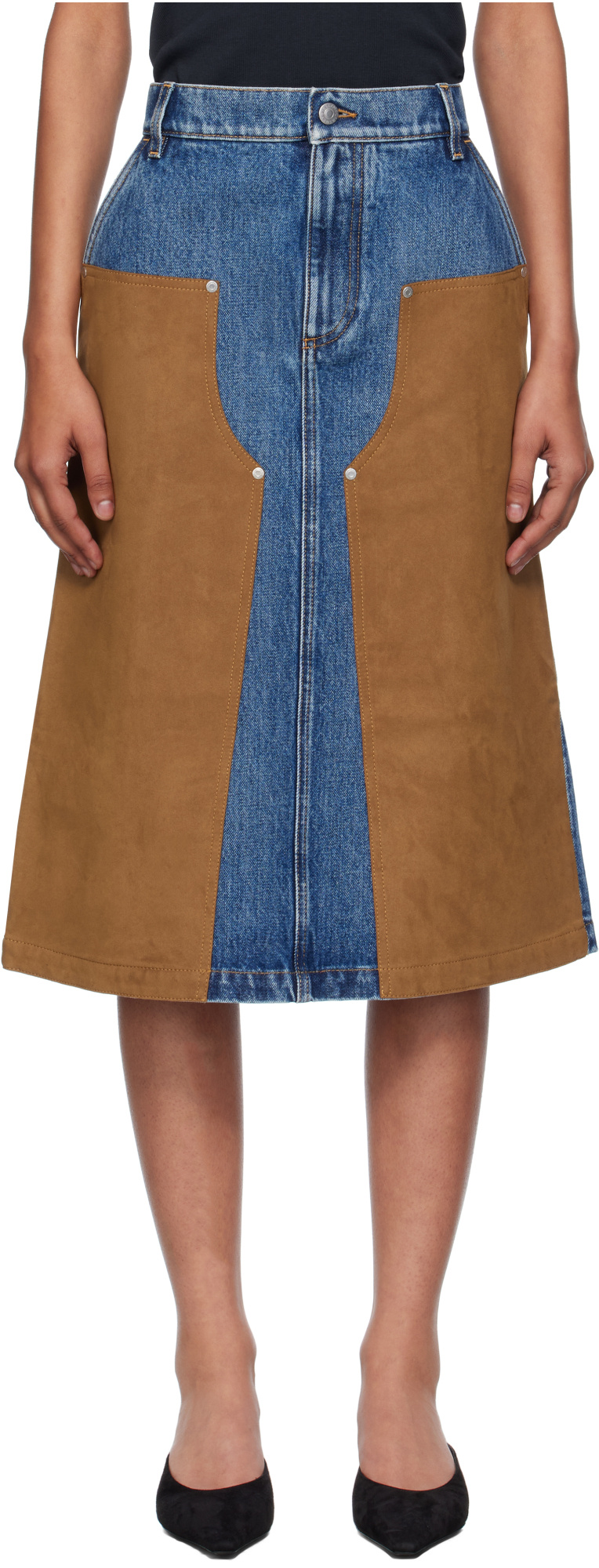 Stella Mccartney Faux Suede-trimmed Denim Midi Skirt In Brown