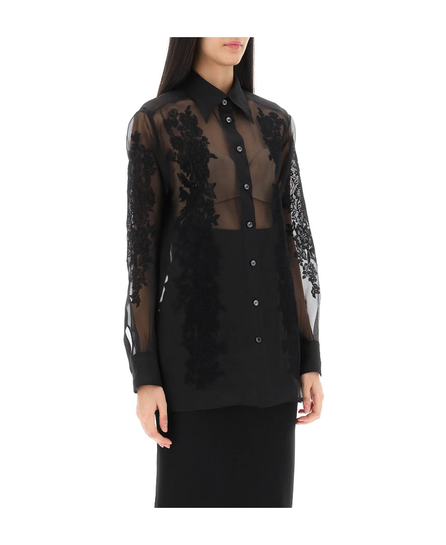 Dolce & Gabbana Organza Shirt With Lace Inserts In Gray