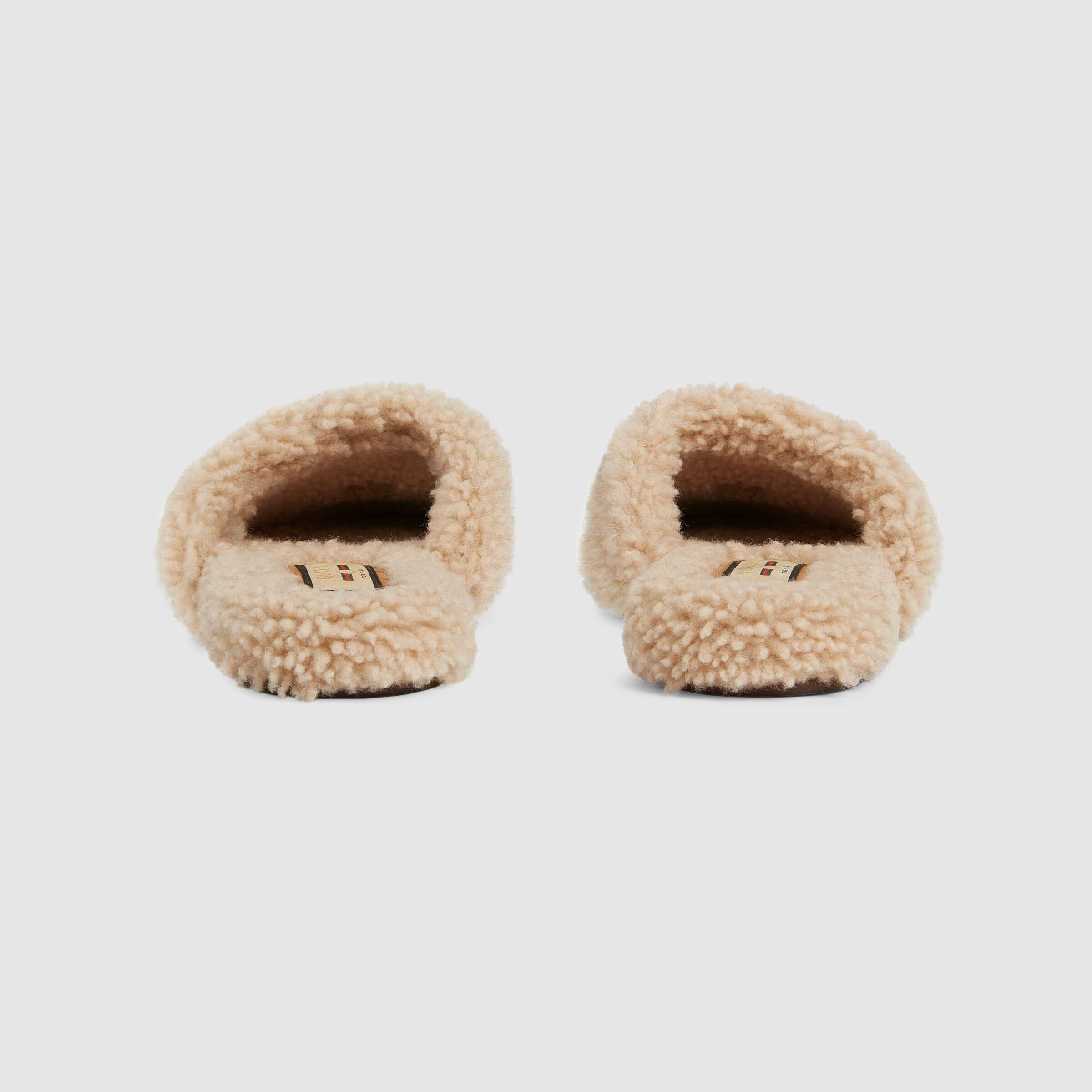 Gucci Eileen Interlocking G Shearling Slippers In Brown