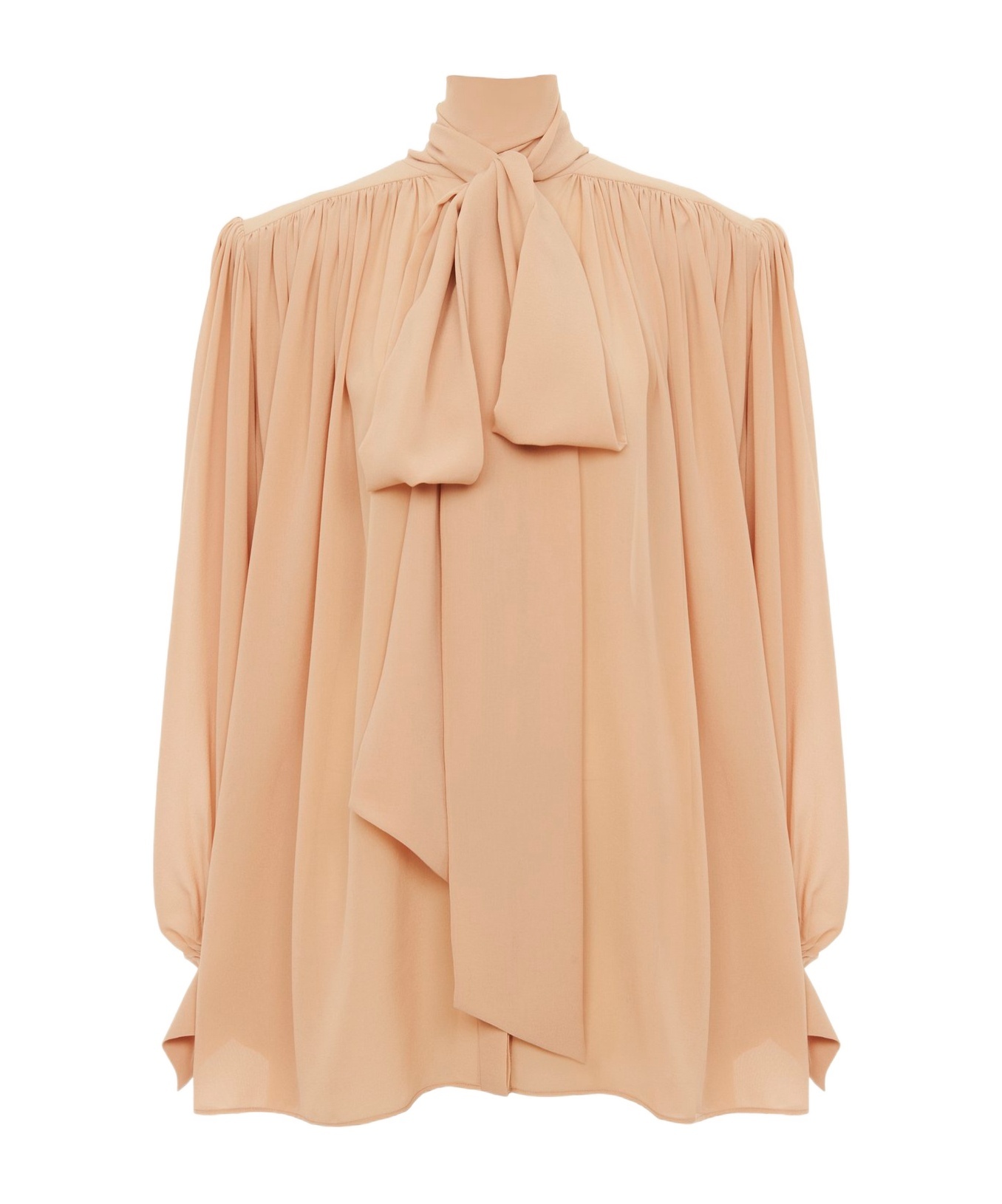 Chloé Oversized Gathered Lavallière Blouse In Crêpe De Chine In Brown