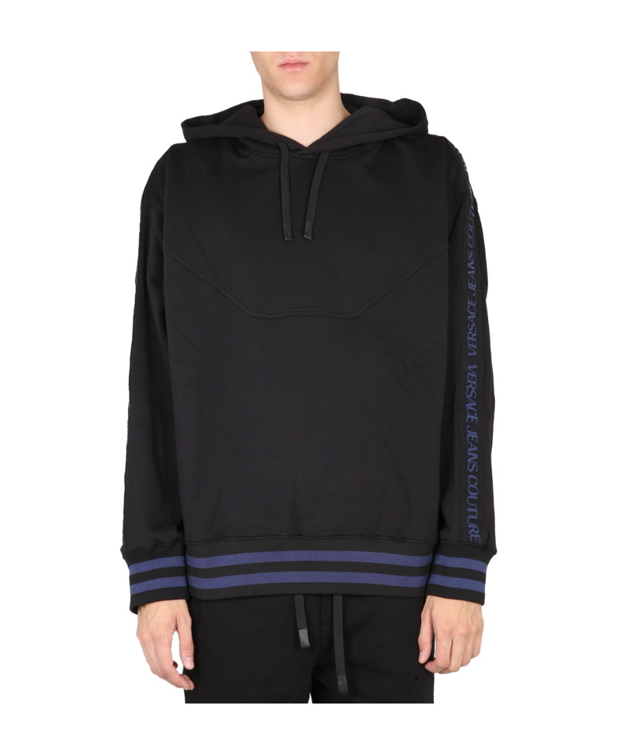 Versace Jeans Logo-print Striped-trim Hoodie In Black