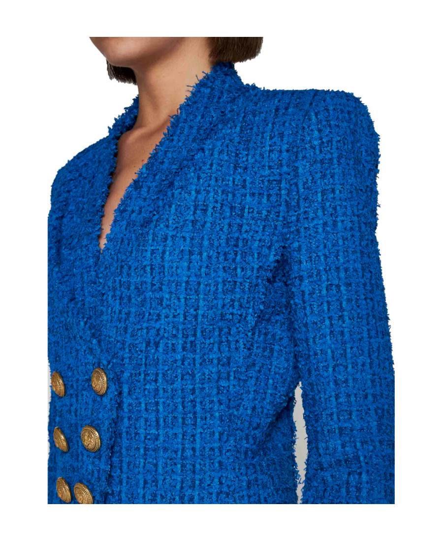 Balmain Collarless Tweed Double-breasted Crop Jacket In Blue