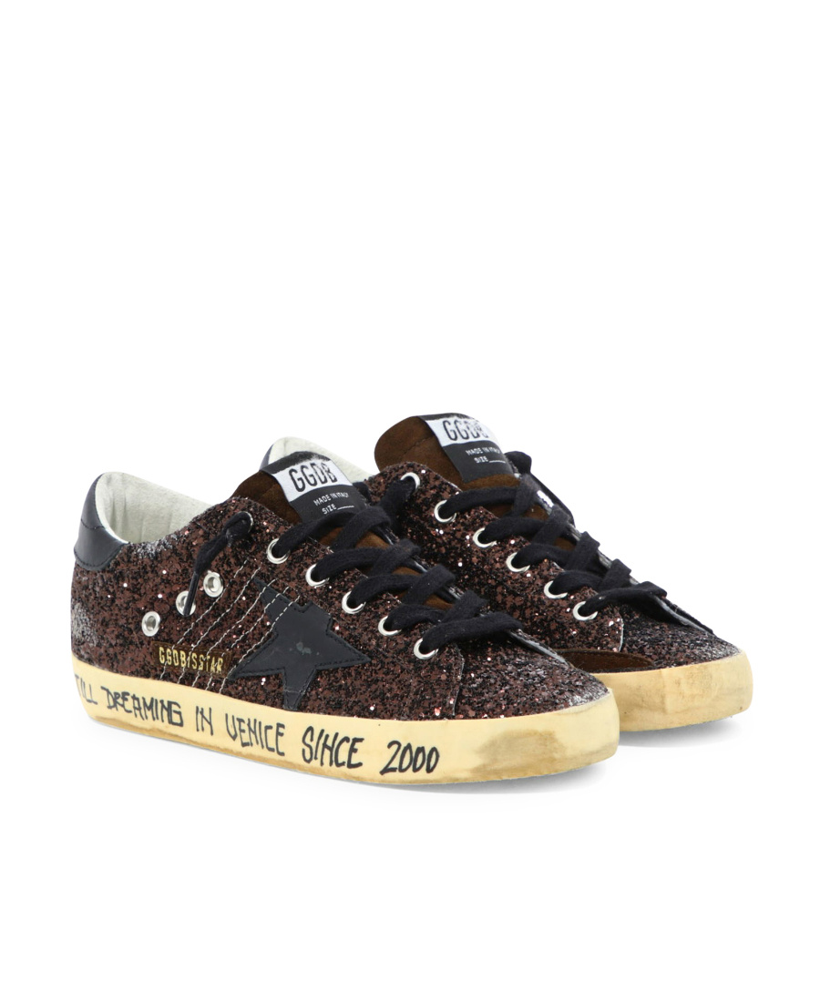 Shop Golden Goose Super-star In Brown Glitter With Black Leather Star And Heel Tab