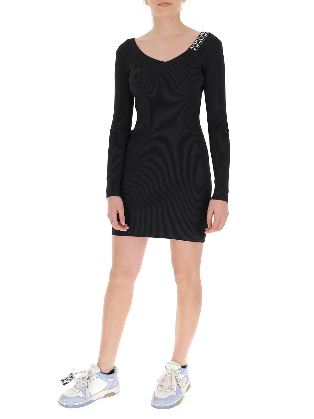 Off-white Arrows Ribbed-knit Minidress In Black