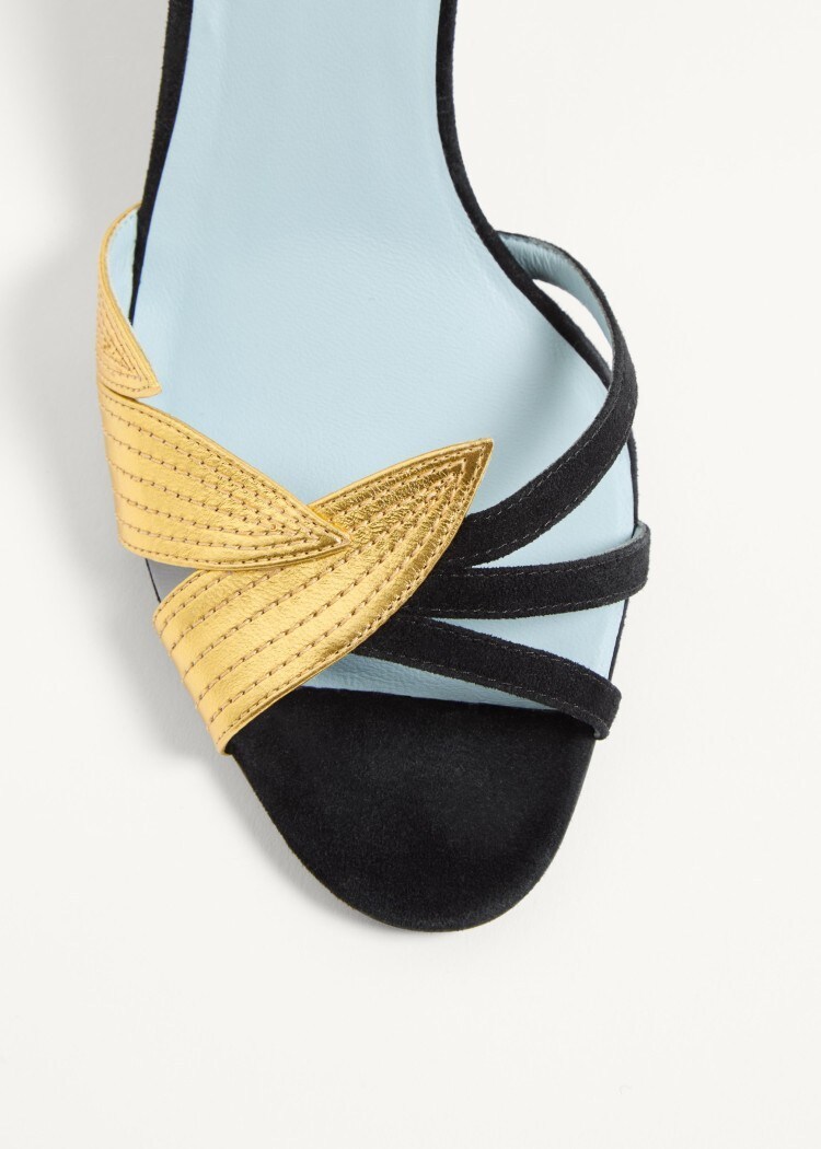 Valentino Foliefoliage 65 Suede Sandal In Black/gold