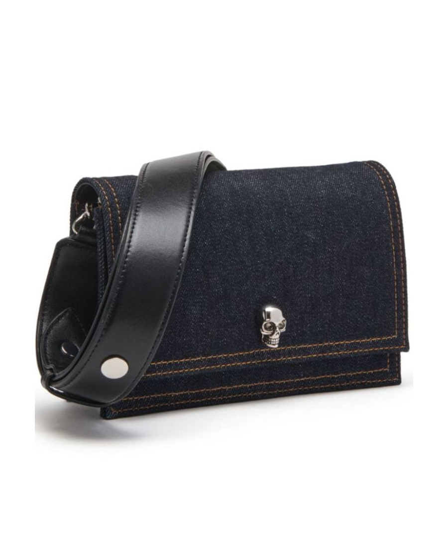 Alexander Mcqueen Small Skull Denim Shoulder Bag In Black