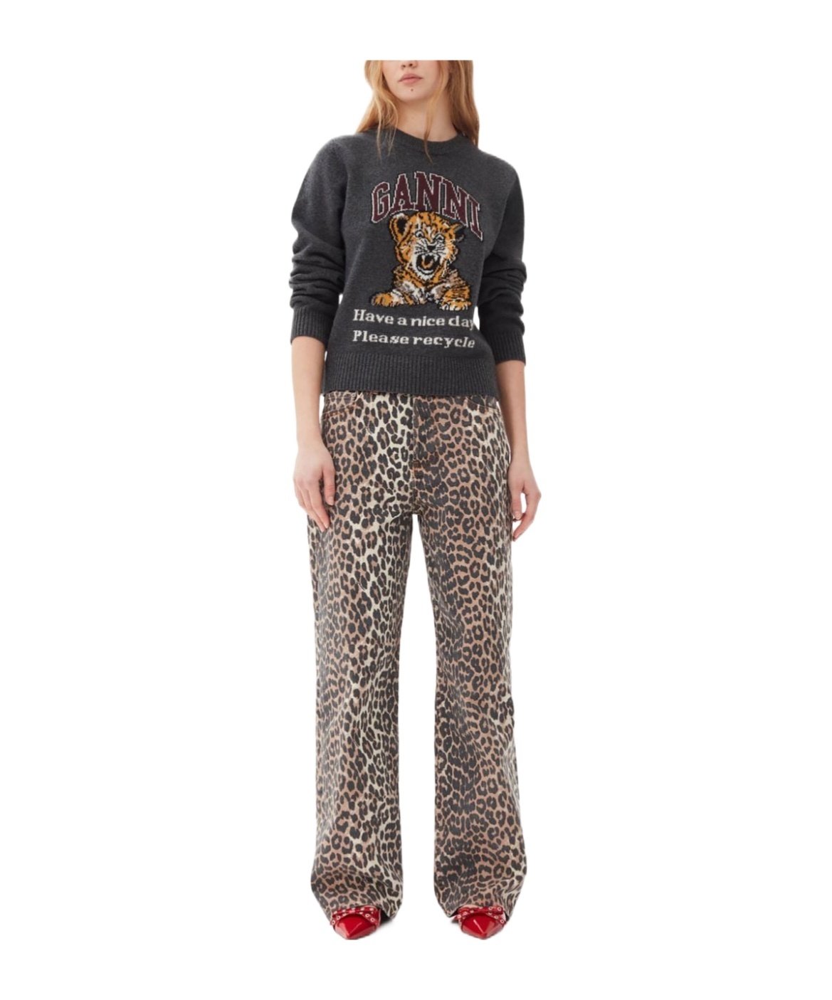 Ganni Leopard Print Straight-leg Jeans In Nude