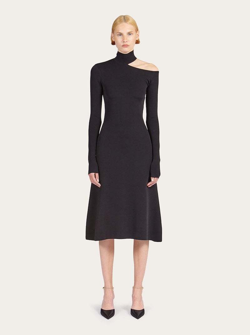 Ferragamo Turtleneck Cold-shoulder Long-sleeve Midi Sweater Dress In Black