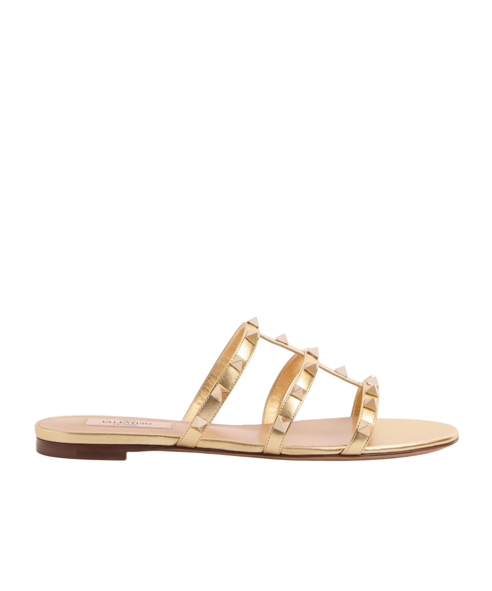 Valentino Garavani Rockstud Laminated Nappa Slide Sandal Woman Antique Brass 41 In Nude