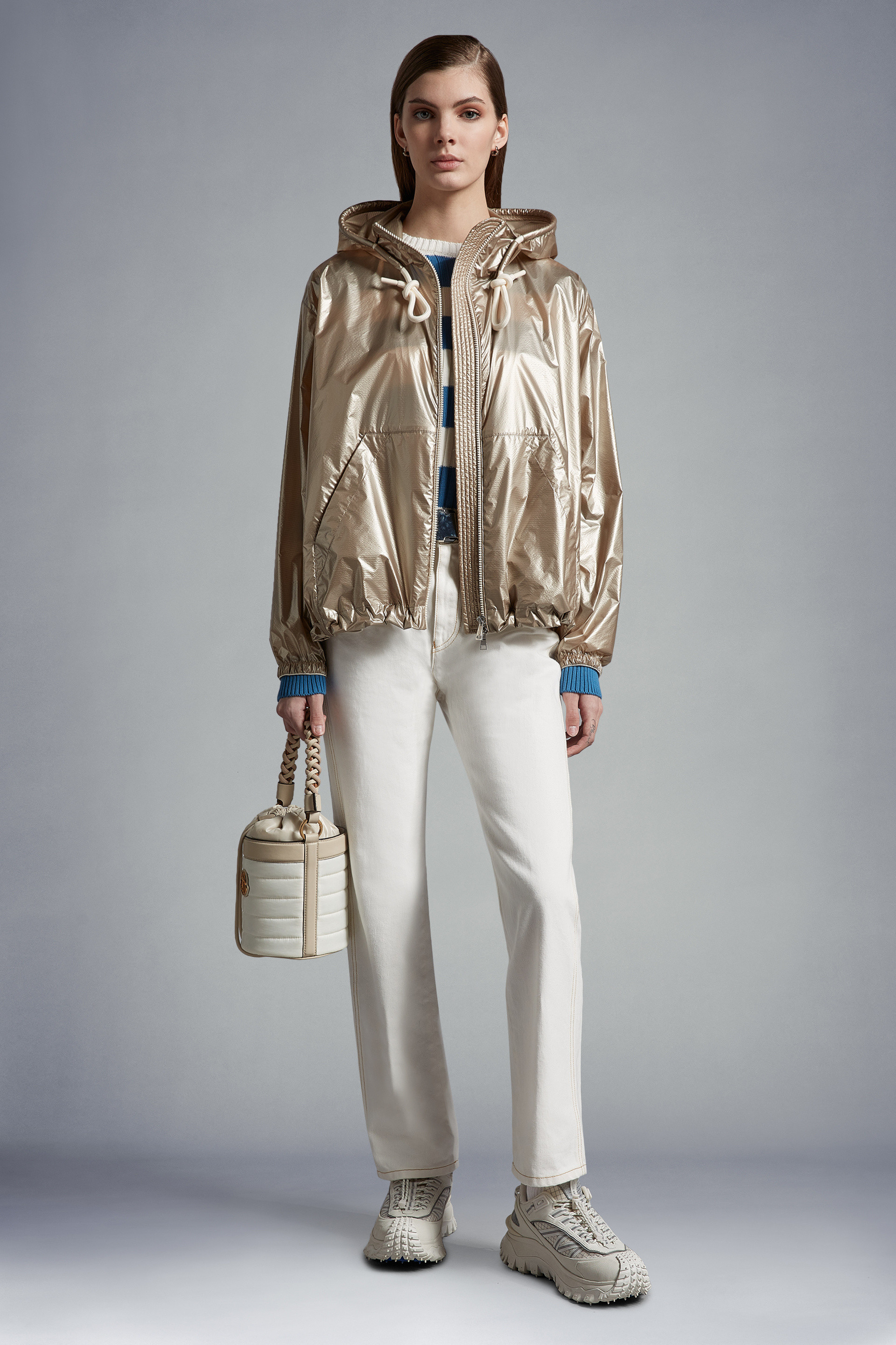 Moncler Hooded Jacket With Side Pockets And Cuffs In Neutral