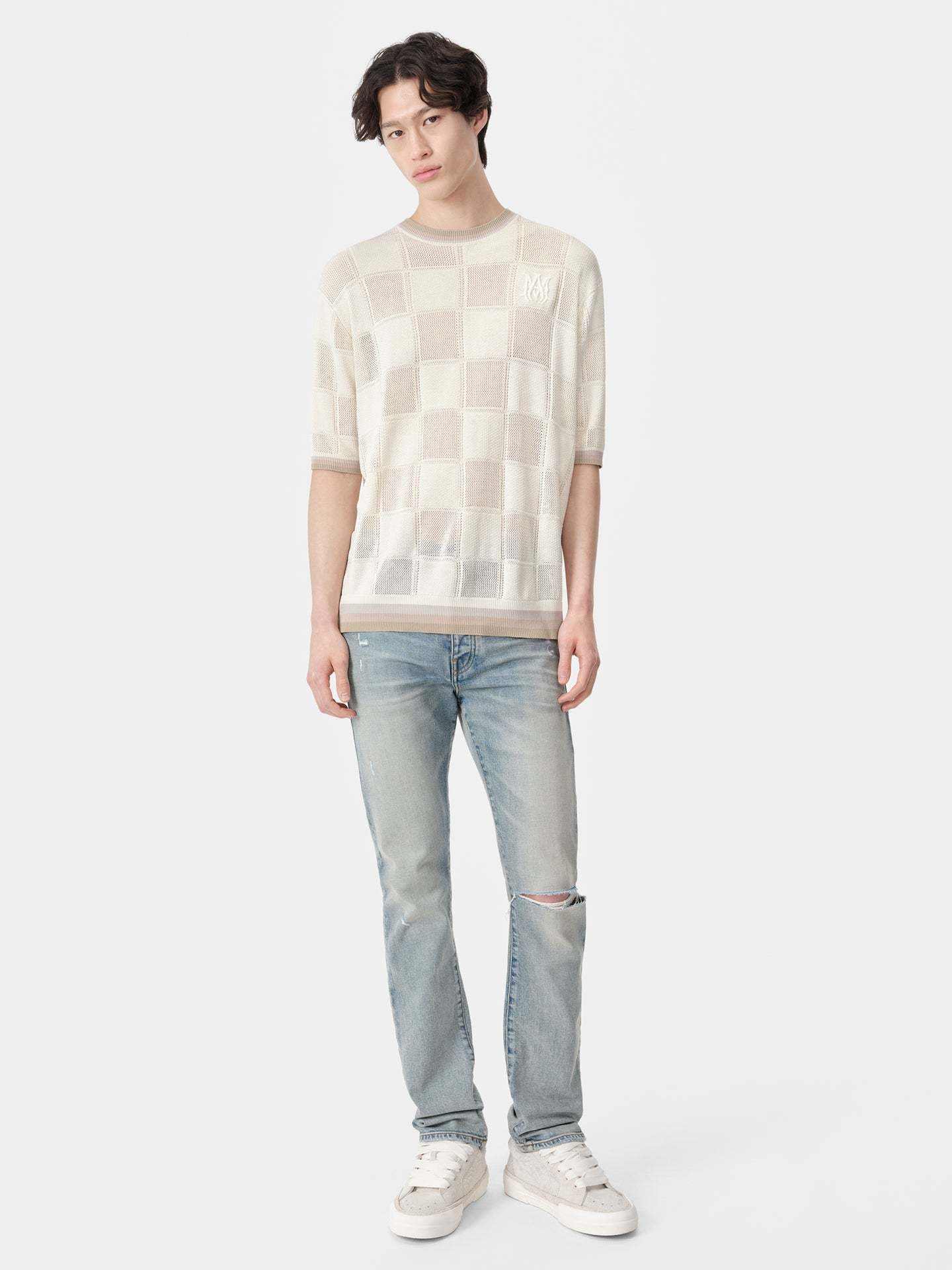 Amiri Stack Distressed Slim Fit Jeans In Gray