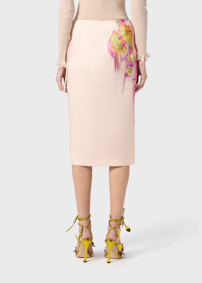 Blumarine Midi Skirt In Duchesse With Liquid Flower Print In Nude