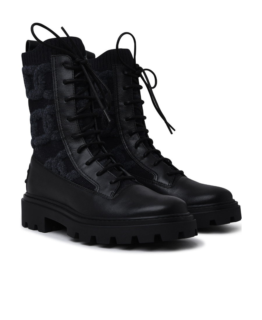 Tod's Shearling-logo Combat Boots In Black