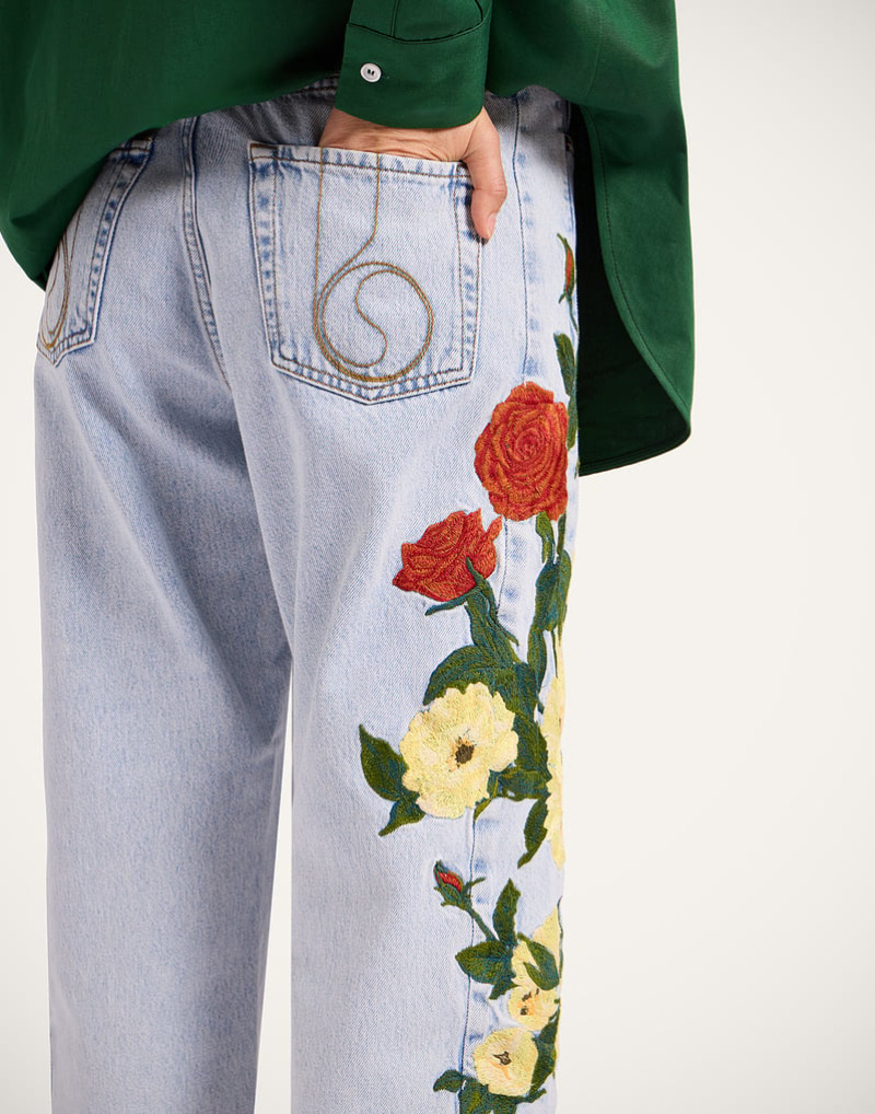 La Doublej The Barrel Embroidered-floral Jeans In Multi