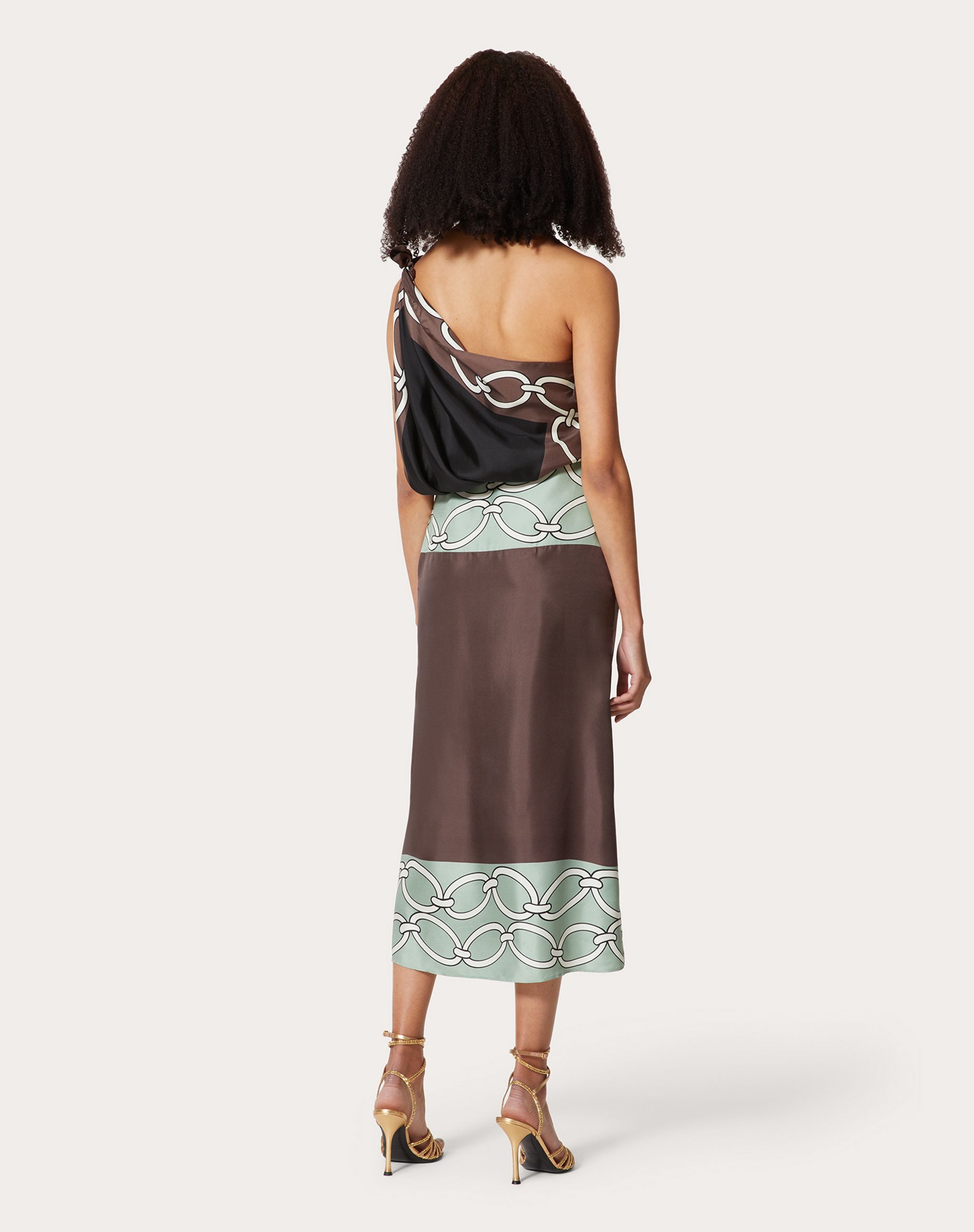 Valentino Chain-print One-shoulder Silk Midi Dress In Brown