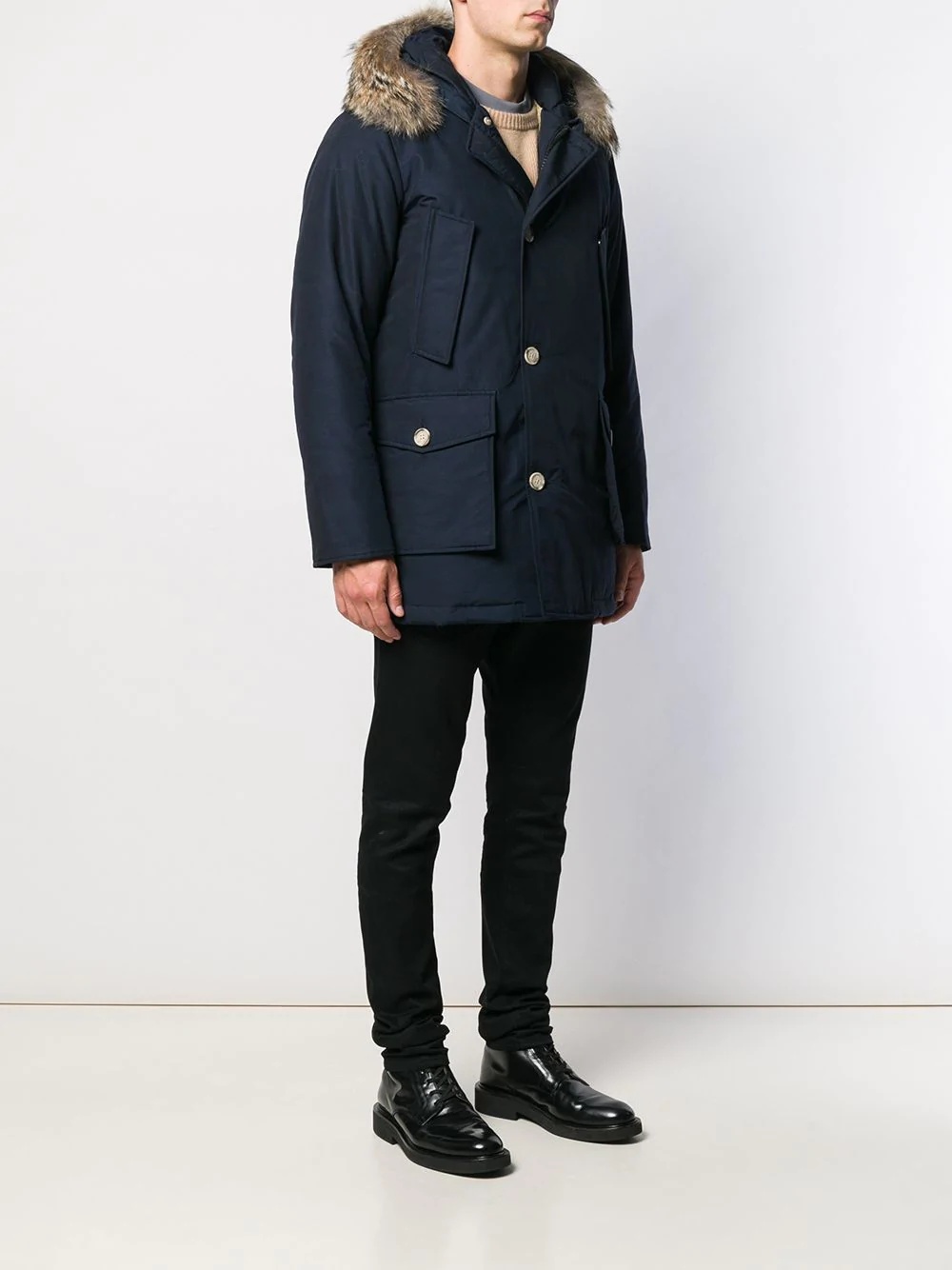 Woolrich Arctic Anorak In Ramar Cloth With Detachable Fur In Black