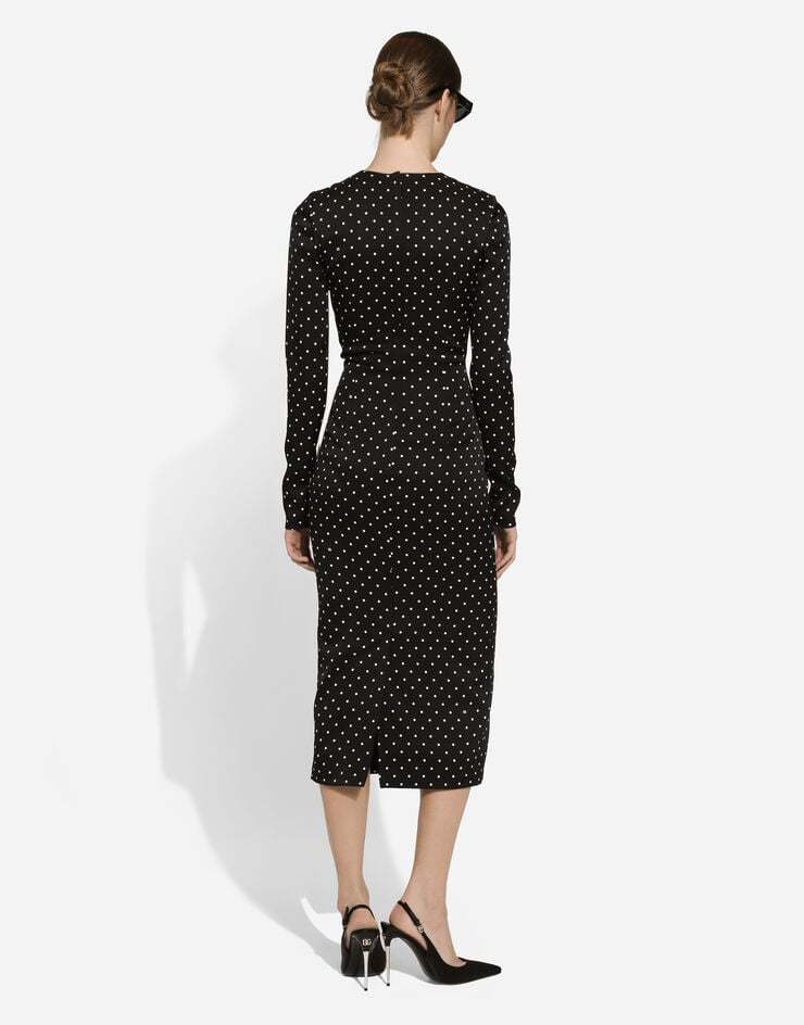 Dolce & Gabbana Charmeuse Calf-length Sheath Dress With Polka-dot Print In Black
