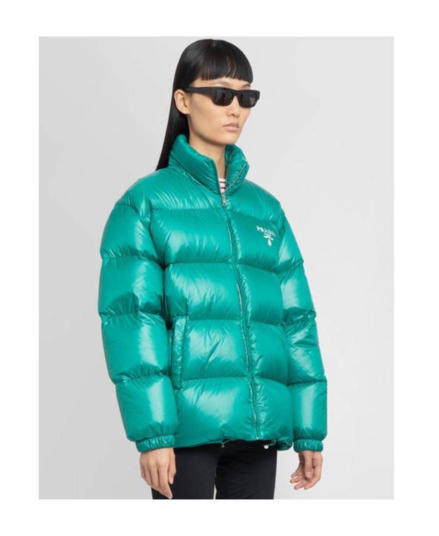Prada Logo Printed Down Jacket With Standing Collar In Green