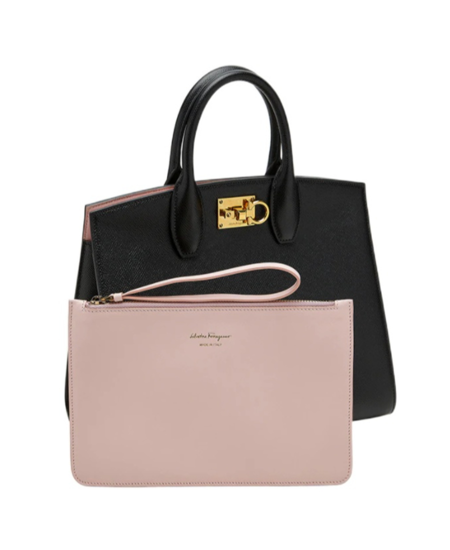 Ferragamo Studio Box Black Bag With Gancini Buckle And Shoulder Strap In Grained Leather Woman In Black