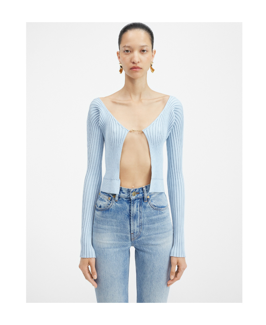 Jacquemus Logo Plaque Knitted Cardigan In Blue