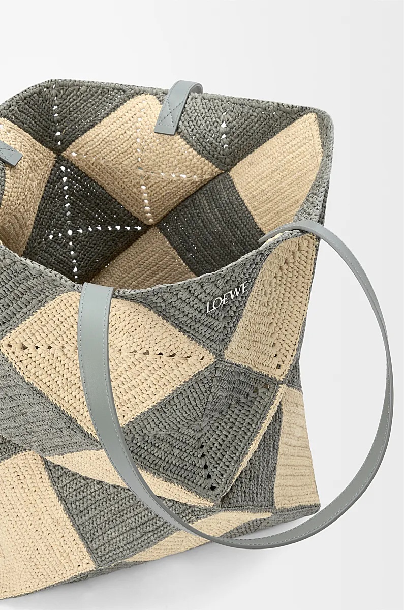 Loewe Puzzle Fold Diamond Xl Tote In Raffia In Nude