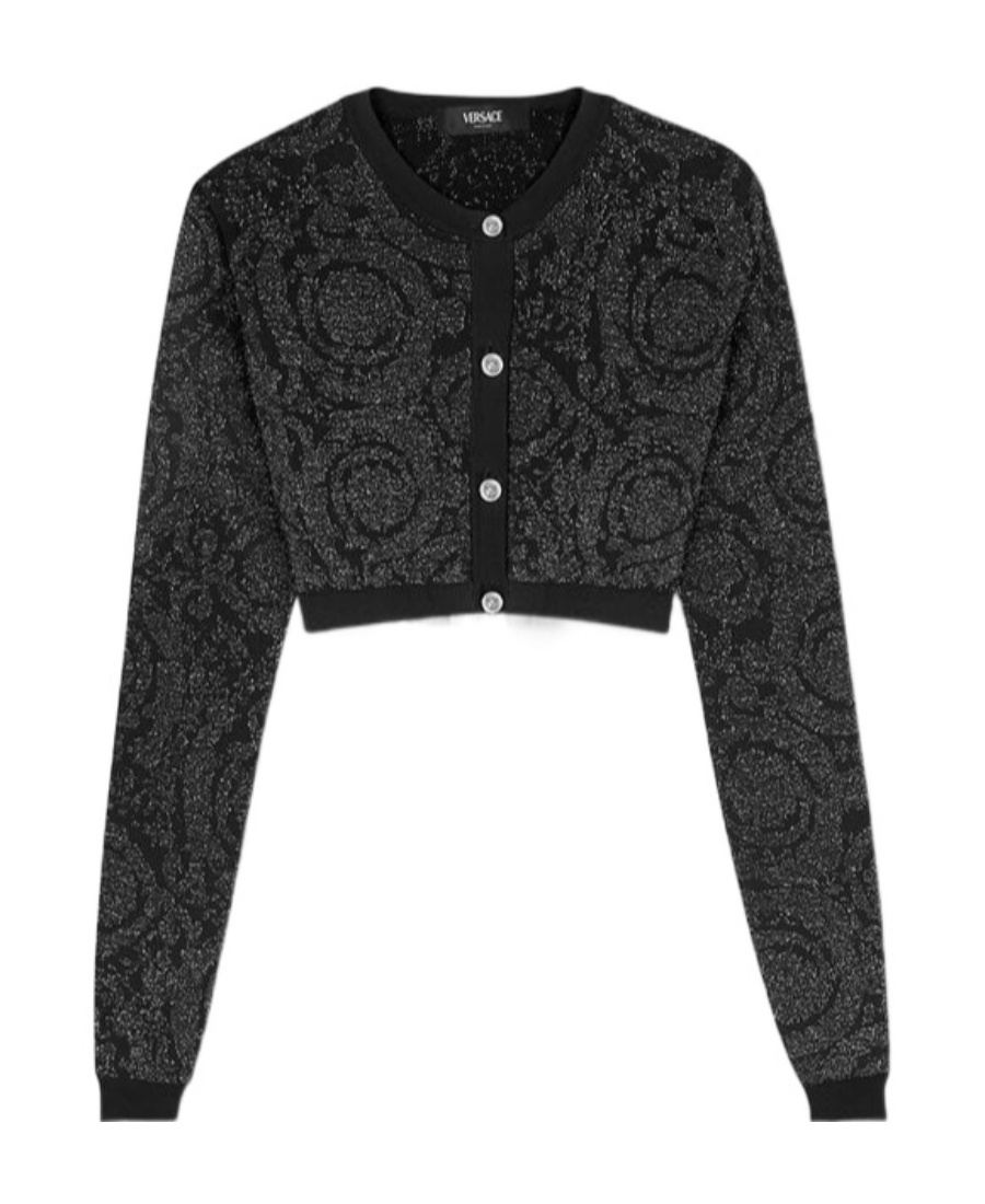 Versace Lurex Cropped Cardigan With Barocco Motif In Black