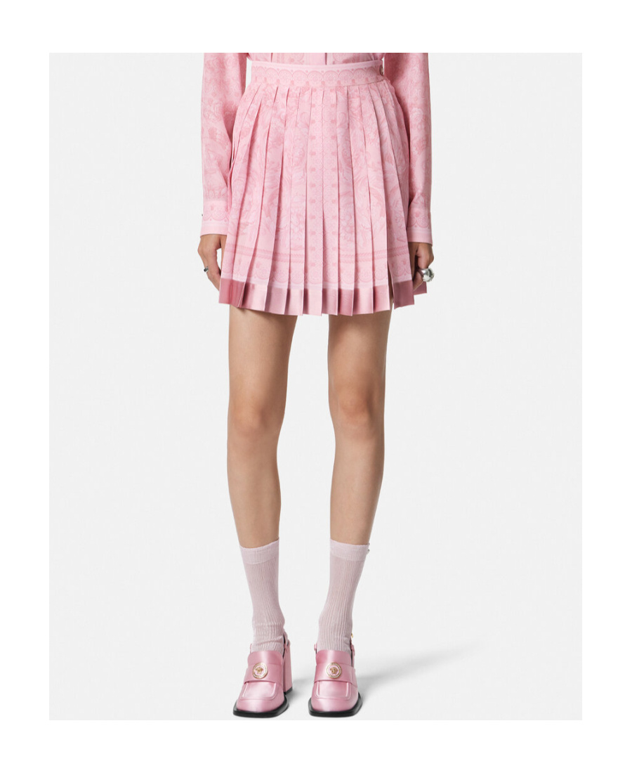 Versace Pleated Satin-trimmed Floral-print Crepe De Chine Mini Skirt In Pink