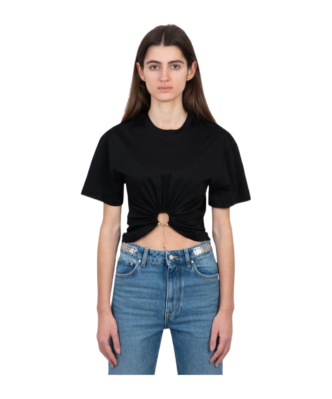 Rabanne Piercing Cropped T-shirt In Black Cotton In Black