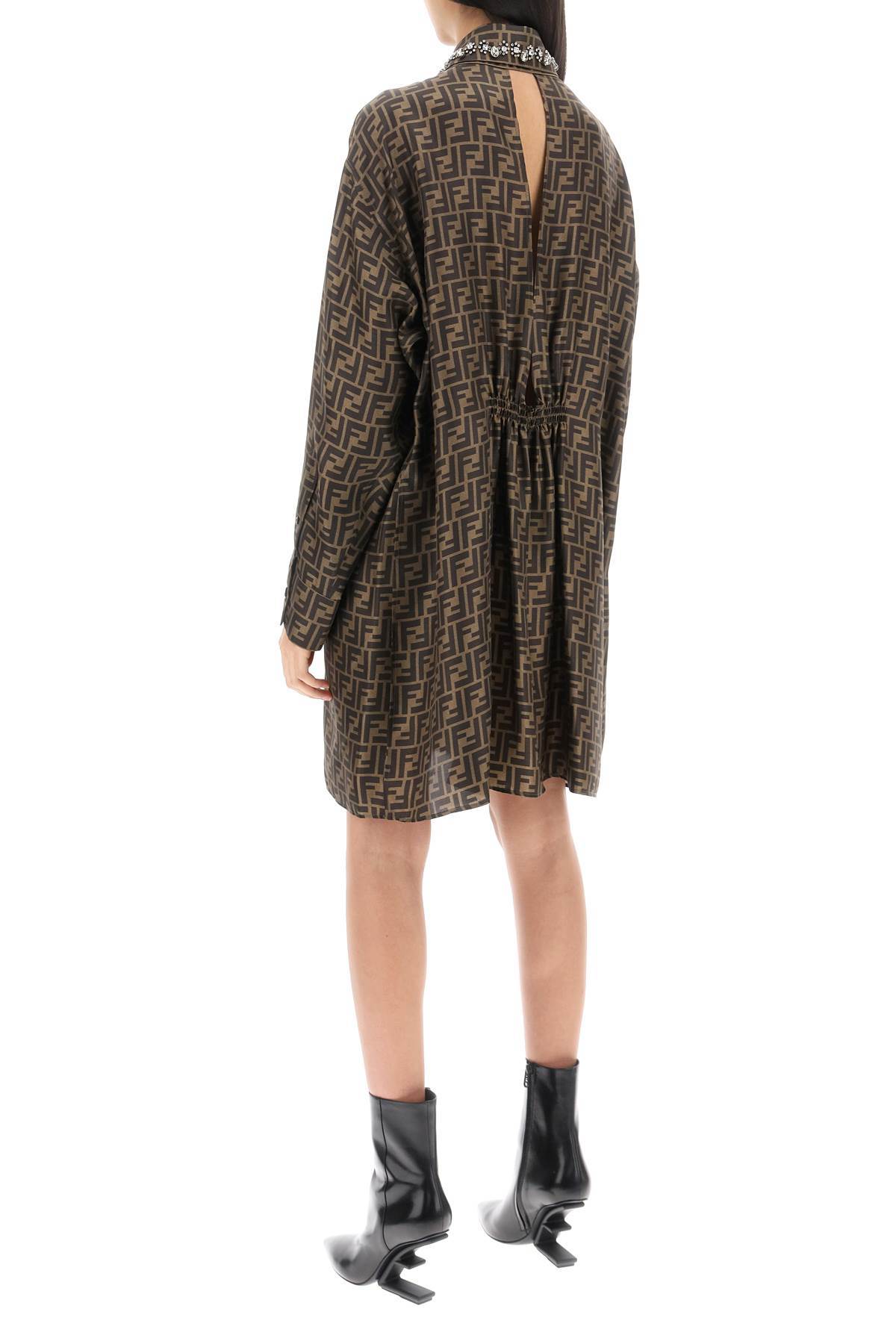 Fendi Silk Shirt With Curved Hem And Fabric-covered Buttons In Brown