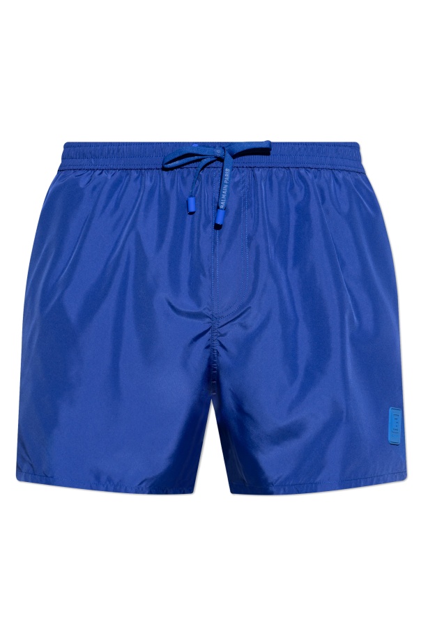 Shop Balmain Logo-patch Swim Shorts In Blue