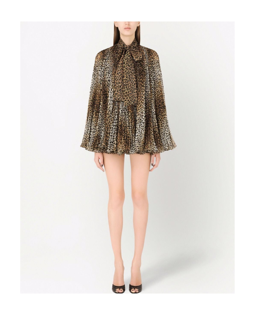 Dolce & Gabbana Leopard Print Pleated Mini Dress In Green