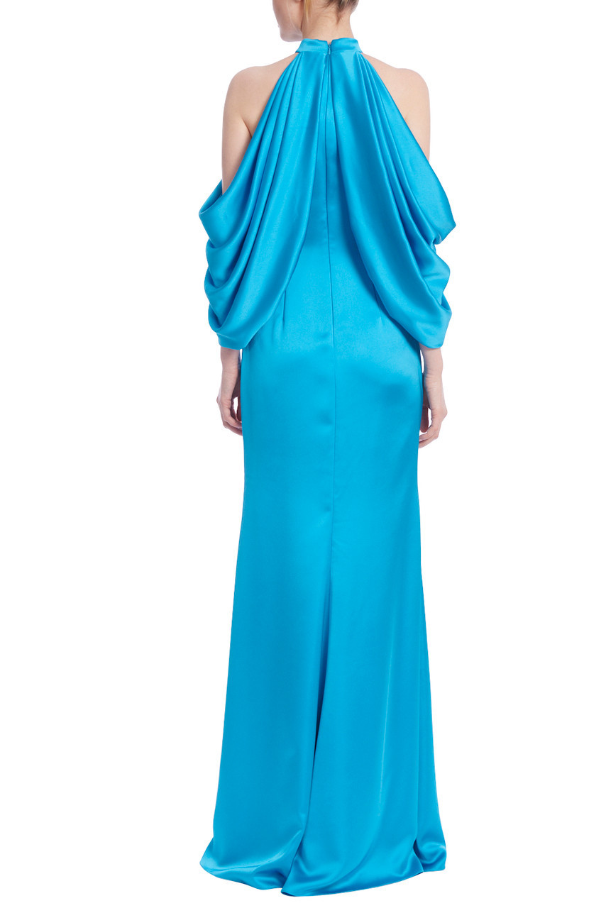 Badgley Mischka Women's Draped Shoulder Satin Gown In Blue
