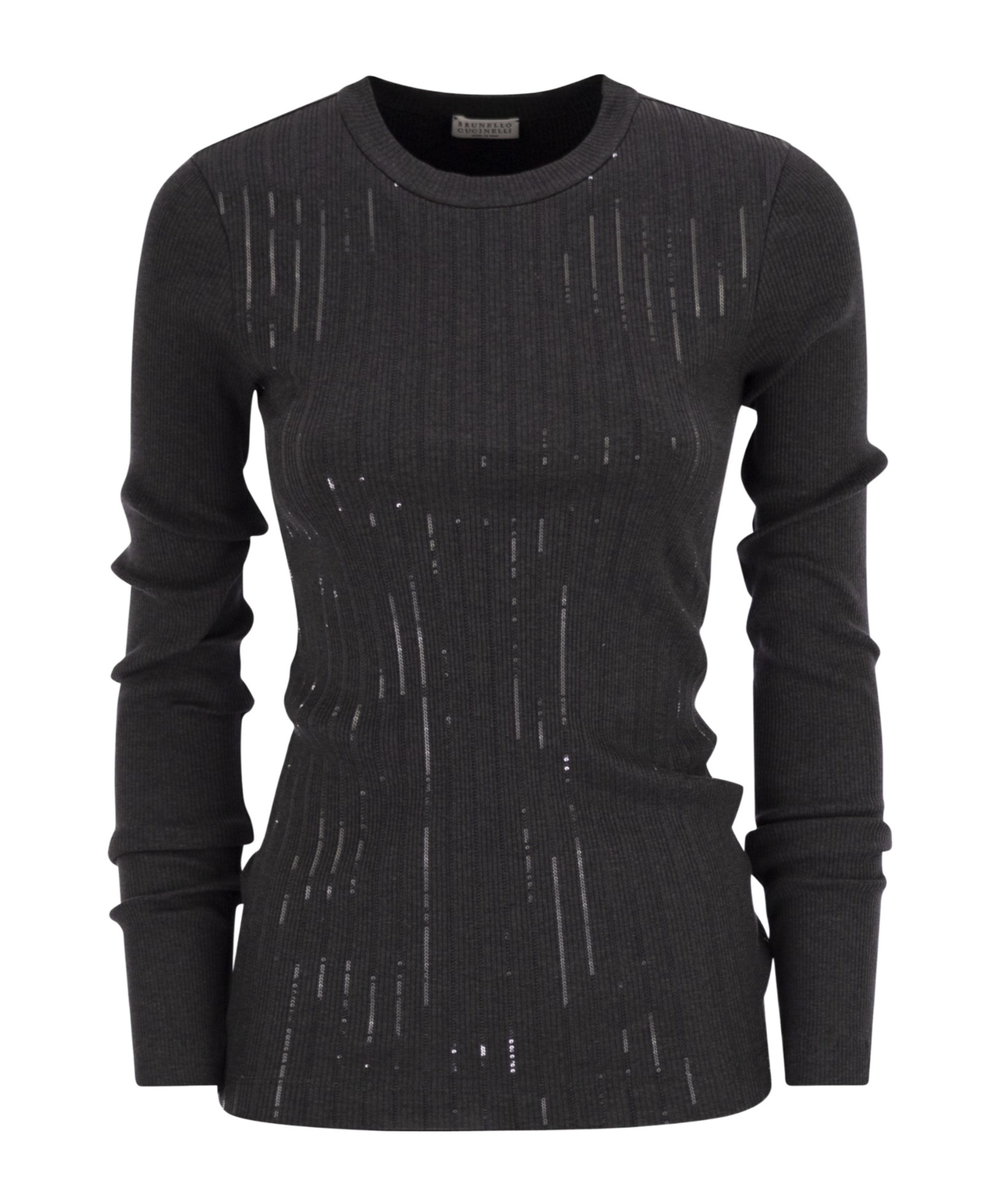 Brunello Cucinelli Cotton Jersey T-shirt With Dazzling Chalk Stripe Embroidery In Black