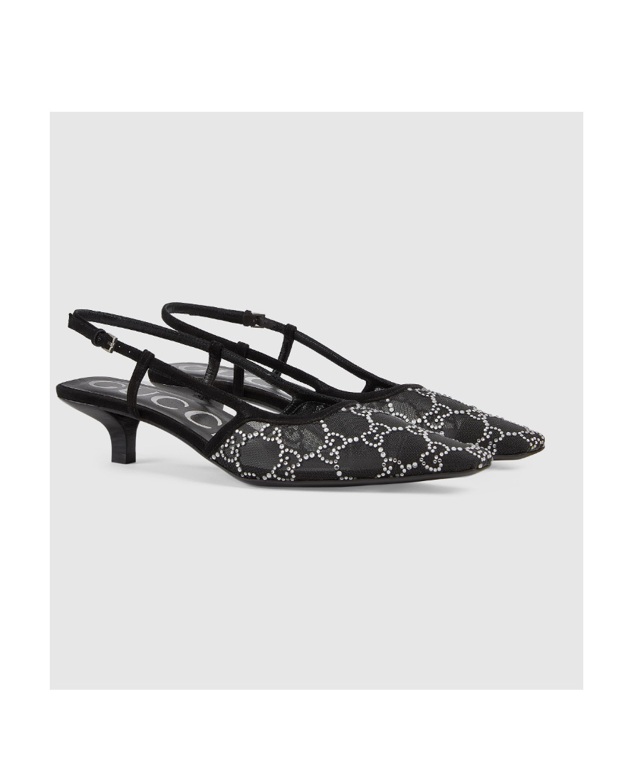 Gucci Gg Rhinestoned Mesh Slingback Pumps In Black