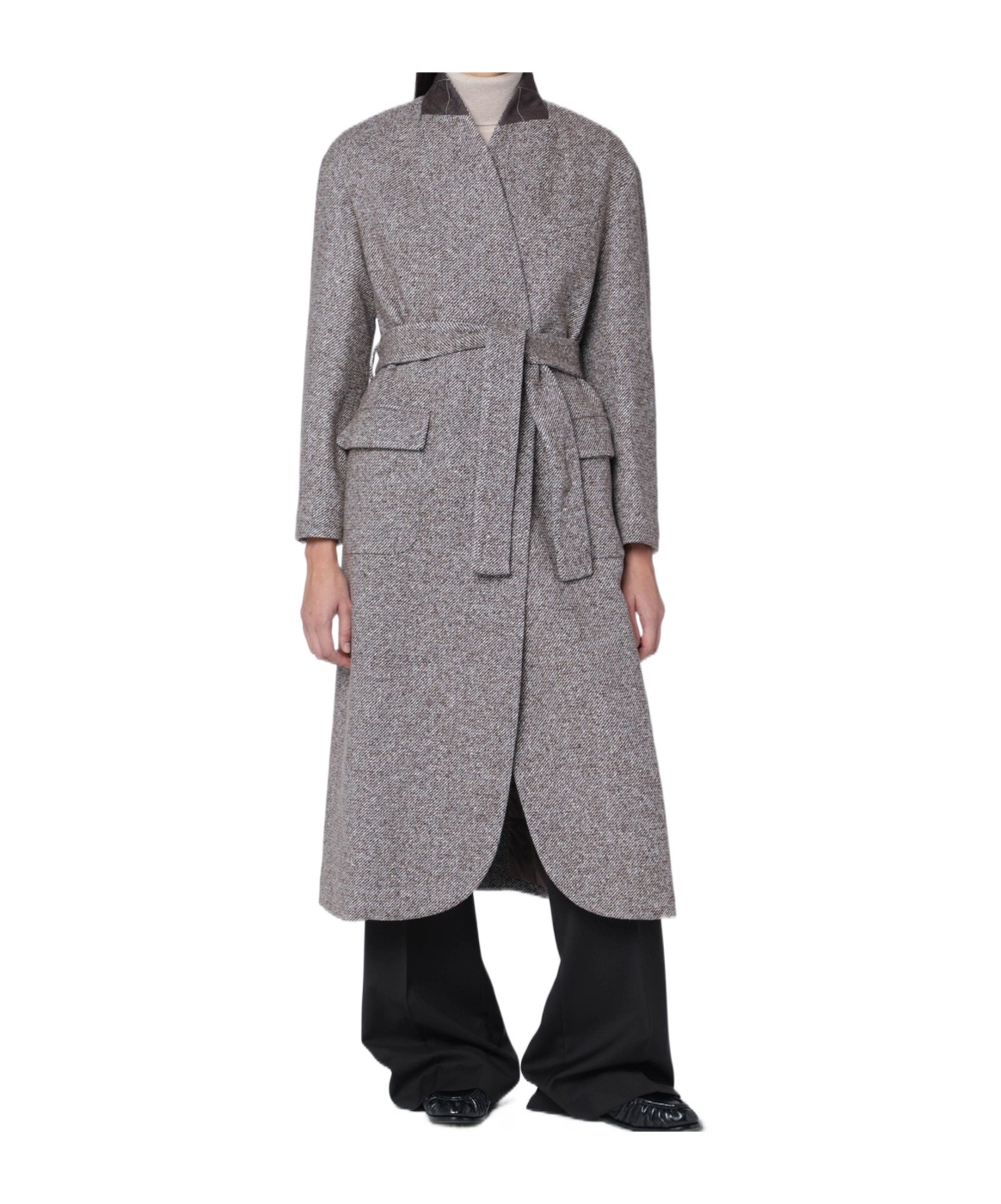 Brunello Cucinelli Wool Blend Coat Featuring Belted Waist In Gray