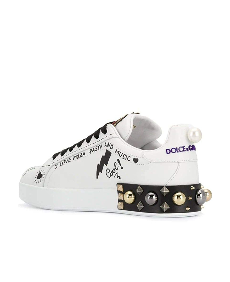 Dolce & Gabbana Music Printed Leather Sneakers With Patch In White